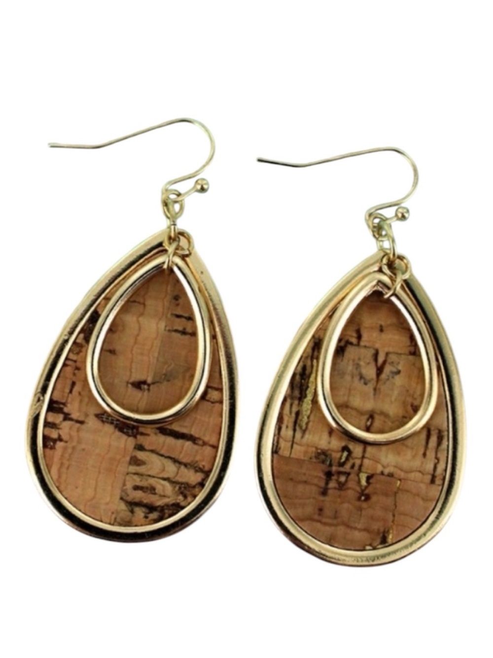 Layered Cork Teardrop Earrings | Goldtone | NWT